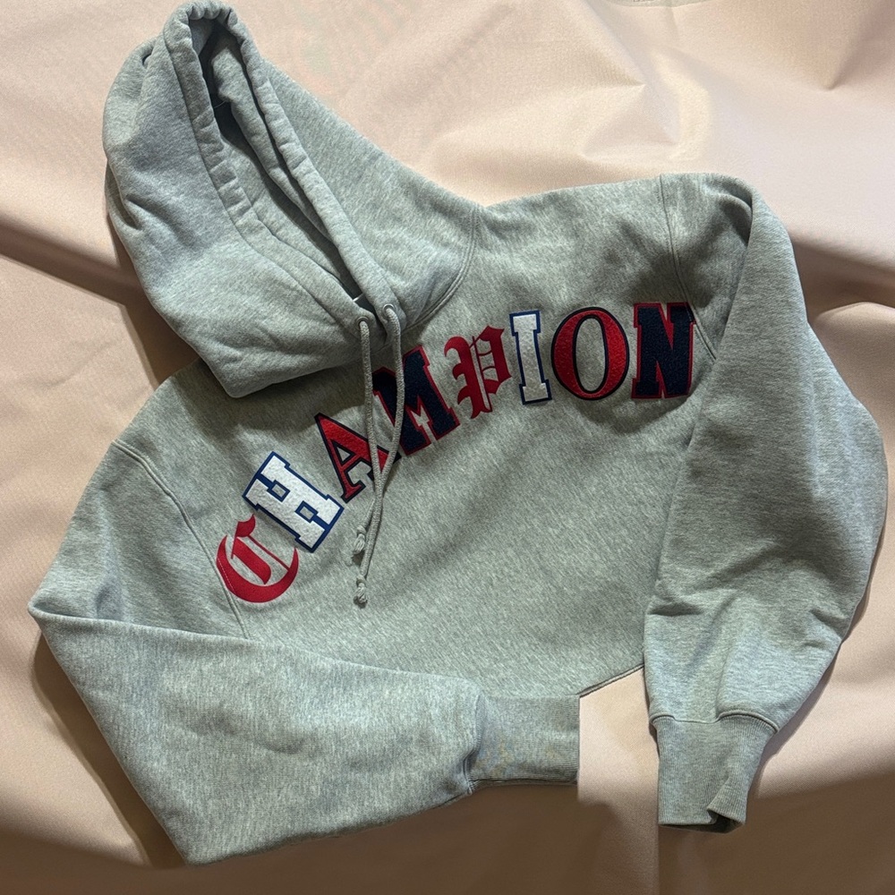 Champion Crop Heather Gray Hoodie with Red and Blue Accents